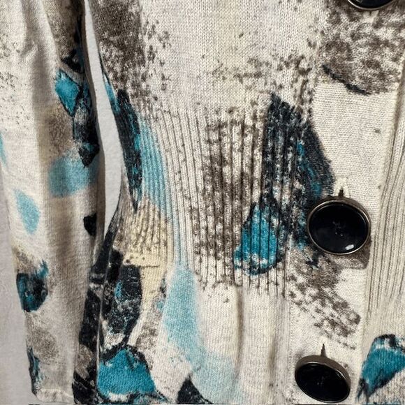 Nic + Zoe Peplum Button Front Cardigan Aqua Leaf Print on Cream Size Large - Picture 2 of 11